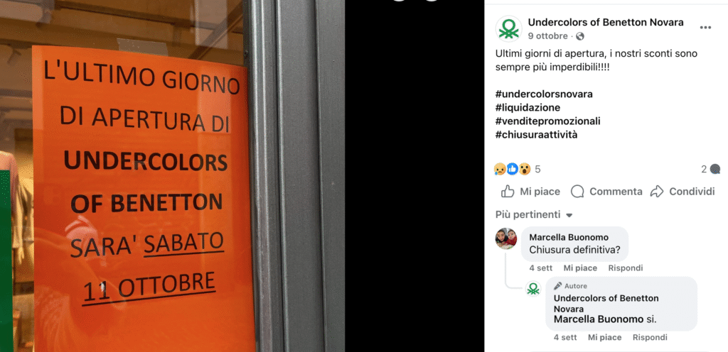 chiusura negozio Benetton Novara